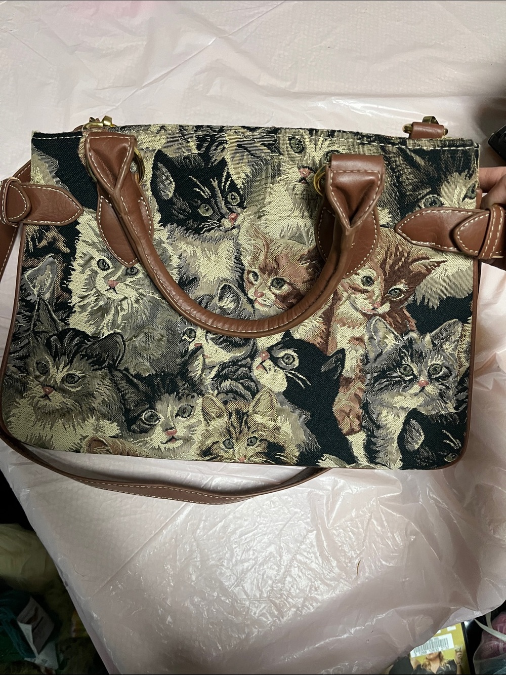 Signare Tapestry Kitten Print Satchel Bag with Brown Trim